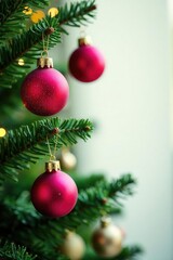 Brightly colored Christmas tree ornaments hang from a sturdy branch, decoration, branches