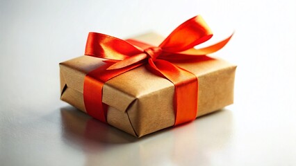 Obraz premium Festive Kraft Gift Box with Red Orange Ribbon Bow on White - Tilt-Shift Photography