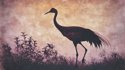 Fototapeta premium Dancing sarus crane silhouetted against dusky purple horizon, elaborate courtship display with neck arched gracefully, intricate stippled texture throughout plumage, vintage lithograph style with