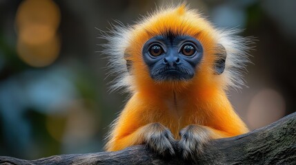 Obraz premium Golden Langur Baby Gazing, Forest Habitat, Wildlife Portrait