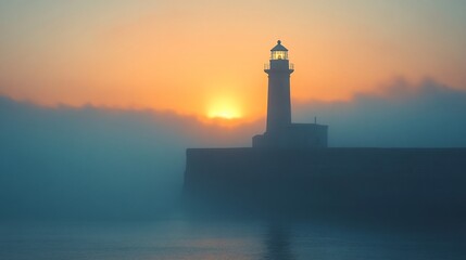 Lighthouse at sunrise with fog, for travel, coastal, maritime, scenic uses