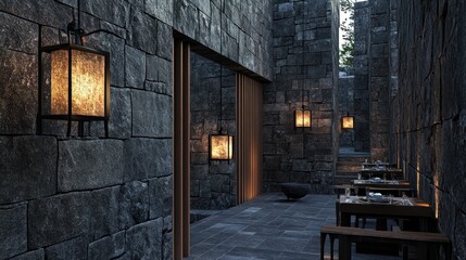 Fototapeta premium Serene Stone Courtyard: Illuminated Evening Ambiance