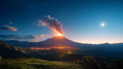 Fototapeta premium Volcano Erupting at Night, Mountain Landscape