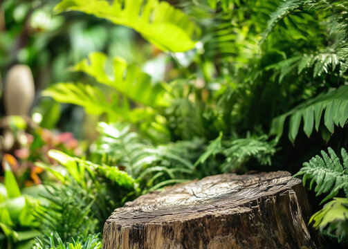 Ferns near an old oak stump in the forest, landscape.
