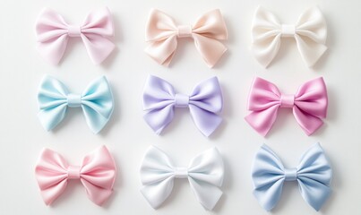 Pastel satin hair bows arranged in grid.