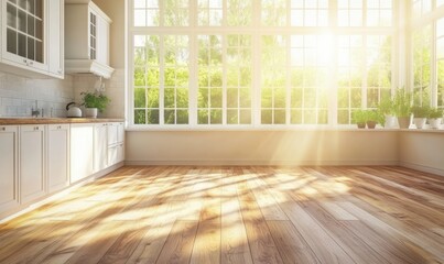 Fototapeta premium Bright and airy kitchen with wooden flooring, white cabinets, and sunlight streaming through large windows creating a modern and inviting ambiance