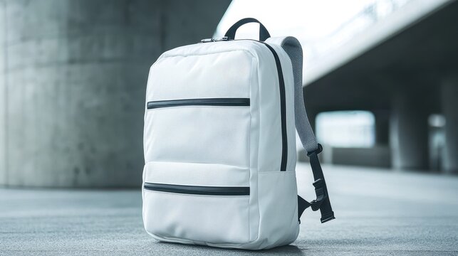 A sleek, minimalist white backpack boasts a textured design that adds a touch of sophistication, complete with adjustable straps that guarantee a personalized fit. Its spacious compartments make it