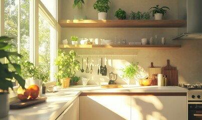 Fototapeta premium Bright and airy modern kitchen with white countertops, wooden accents, and potted greenery, sunlight streaming through large windows creating a fresh space