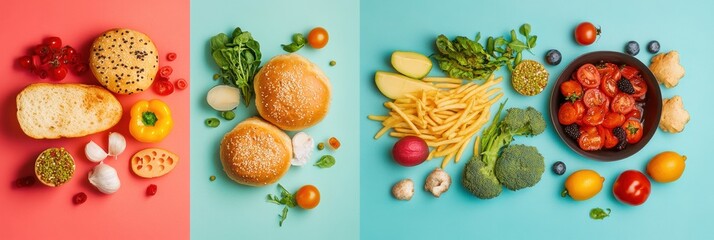 Colorful arrangement of fresh ingredients and prepared foods on vibrant backgrounds showcasing healthy eating choices. Generative AI