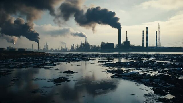 Pollution polluting a river next to a factory