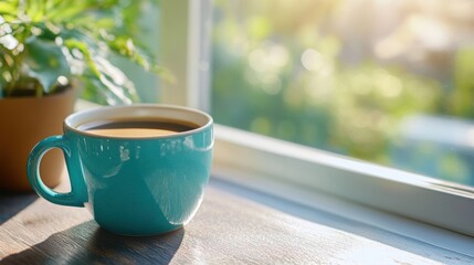 Fototapeta premium Morning sunlight through the window and a cup of coffee. 