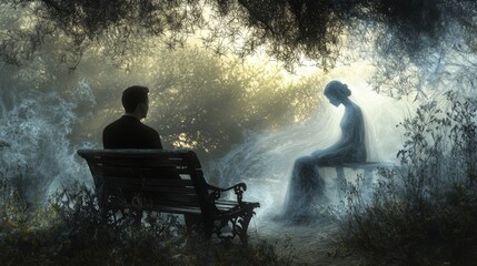 Contemplative man sitting with ghostly apparition of woman on weathered garden bench, translucent spirit form with flowing ethereal details, tender emotional scene, artistic portrait composition,