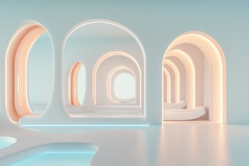 Minimalistic Interior Design Featuring Soft Pastel Colors in a Serene Architectural Space for Relaxation and Wellness