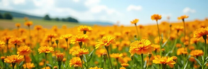 Obraz premium Field of orange marigolds swaying in the wind, wildflowers, yellow