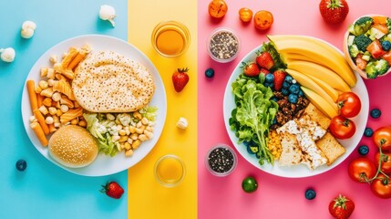 Colorful and healthy meal options arranged on plates against vibrant backgrounds showcasing variety and nutrition. Generative AI