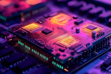Futuristic circuit board with AI microchip and digital connections