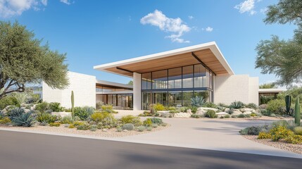 Modern Architecture: This captures a sleek, modern building showcasing a stunning architectural design with extensive use of glass, set amidst a beautifully landscaped outdoor area.