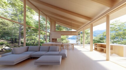 Fototapeta premium Harmony of Nature and Home: The image presents a modern, open-plan interior seamlessly blending indoor and outdoor spaces.