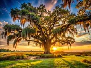 Fototapeta premium Florida Sunrise: Moss Draped Tree, Peaceful Dawn, Nature Photography