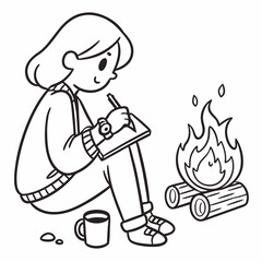 Forest expedition: vector representation of a female explorer traveling with a notebook and a campfire
