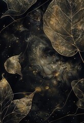 Mystical abstract art featuring golden leaves and hidden faces in a dark textured background
