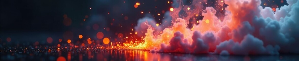 Fototapeta premium Fiery sparks suspended in mid-air amidst a swirling cloud of smoke, ethereal, peaceful