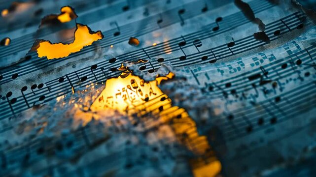 ancient music note sheet burning in flame