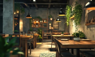 Contemporary dining area with industrial lighting, rustic wooden table, and green plants as decorative accents, warm and inviting vibe