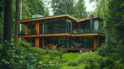 Contemporary glass house amidst dense woodland