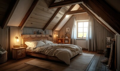 Cozy attic bedroom with exposed wooden beams, a rustic bed, and soft warm lighting creating a peaceful and nostalgic retreat
