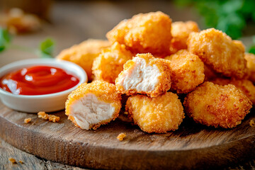 Golden crispy chicken nuggets or popcorn with ketchup on a wooden plate
