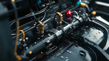 Fototapeta premium Close-up of an NGV fuel system inside a vehicle, showcasing high-pressure gas tanks, safety valves, and reinforced pipelines
