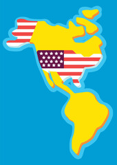 Cartoon map of South and North America with highlighted US state. USA map