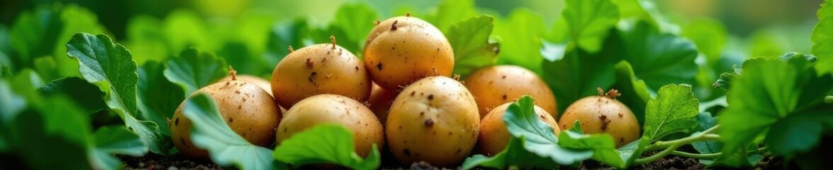 Leafy green foliage surrounds organic potatoes, organic, farm