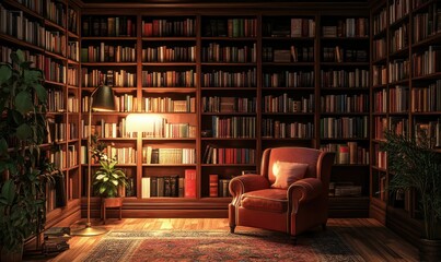 Cozy library corner with vintage bookshelves, warm ambient lighting, and an armchair creating an inviting reading space