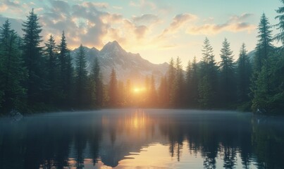 Fototapeta premium Calm and reflective mountain lake surrounded by dense pine trees under a vibrant sunrise illuminated by warm natural light creating a peaceful wilderness scene