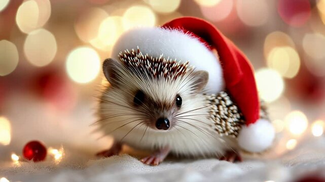 Festive hedgehog wearing santa hat surrounded by christmas lights and ornaments.