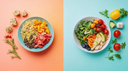 Colorful bowls of fresh ingredients and cooked items showcasing balanced meals on vibrant backgrounds. Generative AI