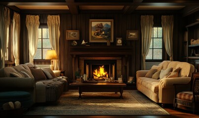 Cozy rustic living room with warm wood tones, a roaring fireplace, and plush furniture, creating a comfortable and inviting environment