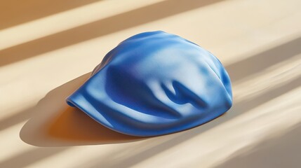 A sleek, soft blue silicone swim cap, its smooth surface reflecting the sunlight, rests on a minimalist, off-white background, creating a clean and modern mockup ready for your design.