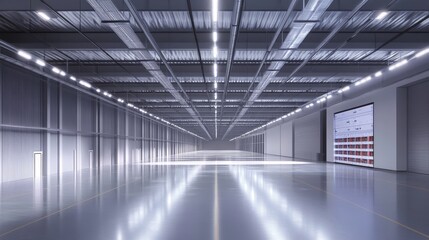 High-tech logistics center optimizing import costs with AI, digital screens displaying tariff calculations, futuristic lighting,