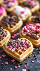 Heart shaped waffles adorned with colorful toppings perfect for valentines day breakfast or romantic brunch sweet treat close up