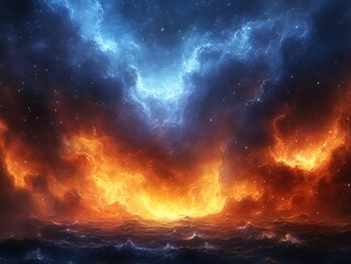Fiery ocean clashes with celestial blue light dramatic swirling cosmic scene. AI Generated