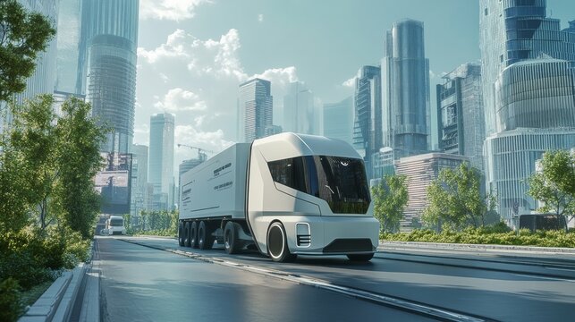 Self-driving delivery truck bypassing high import costs, futuristic urban setting, clean design,