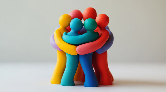 Colorful plasticine figures hugging in a group. - Powered by Adobe