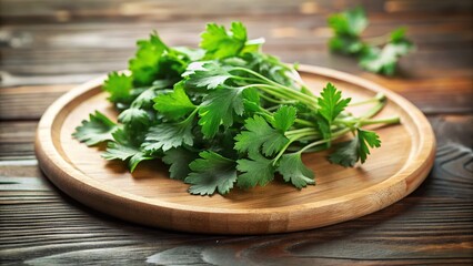 Fresh Coriander Leaves on Bamboo Plate - Asian Food Ingredient Stock Photo