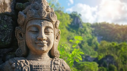 Obraz premium Majestic Ancient Temple Carved into Mountain with Mythological Deity Statue - Symbol of Forgotten Worship