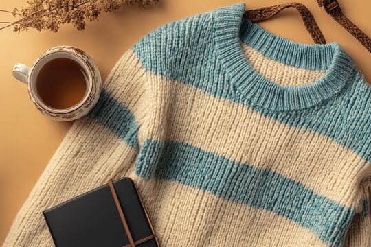 Fall is evoked in a cozy home still life featuring a flat lay composition of a cup of tea, a teapot, a warm knitted sweater, a book, and dry flowers arranged on a brown table