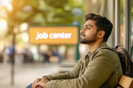 a indian diverse group of job applicants sitting outside in a casual waiting area, with a green yard and a "job center" sign in the background