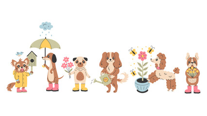 Spring Dog Activity Set. Cute various breeds puppies with gardening tool umbrella rubber boot and flowers. Springtime pet accessories. Vector illustration